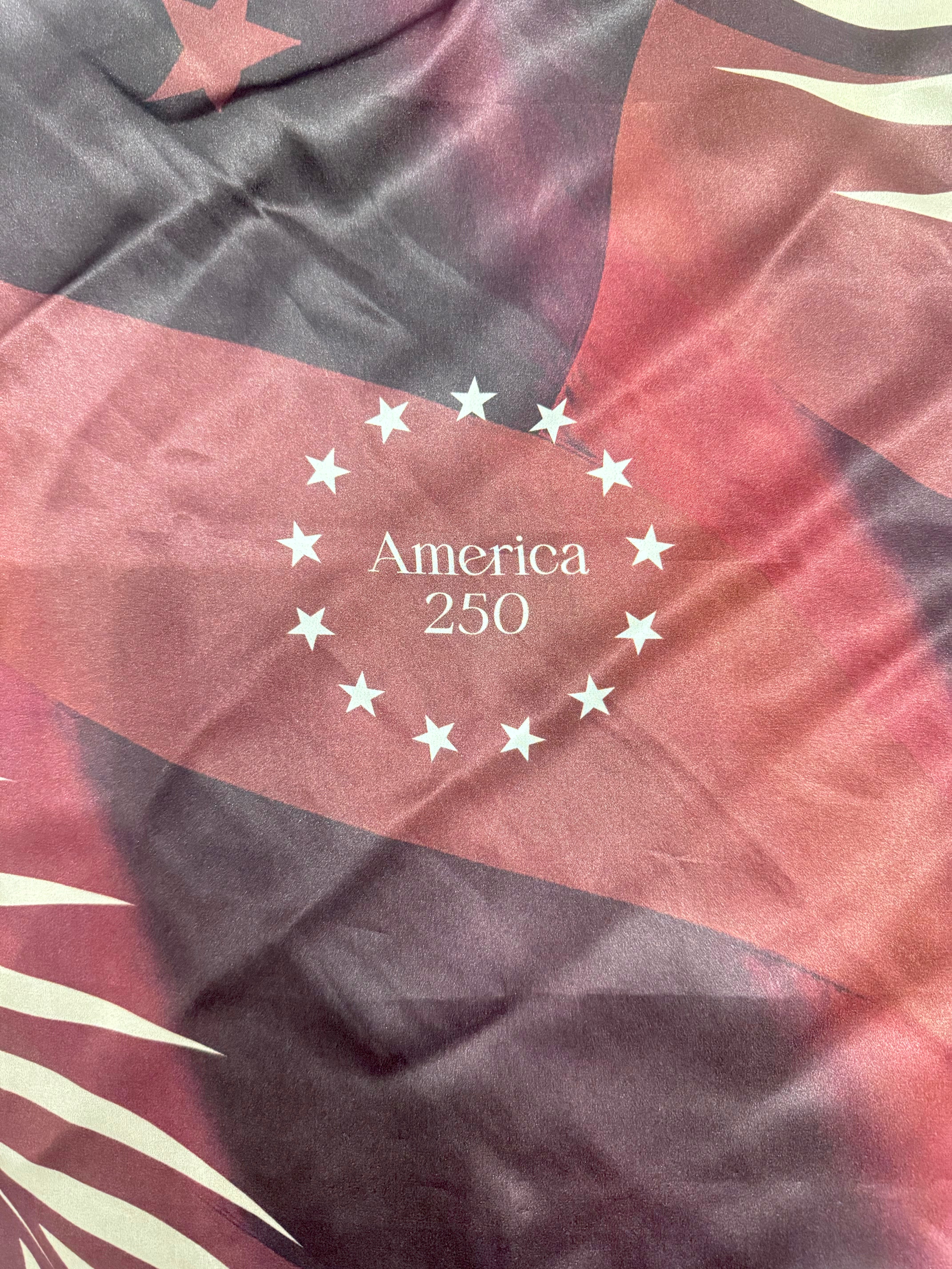 Close-up of a flag with 'America 250' text and star design.