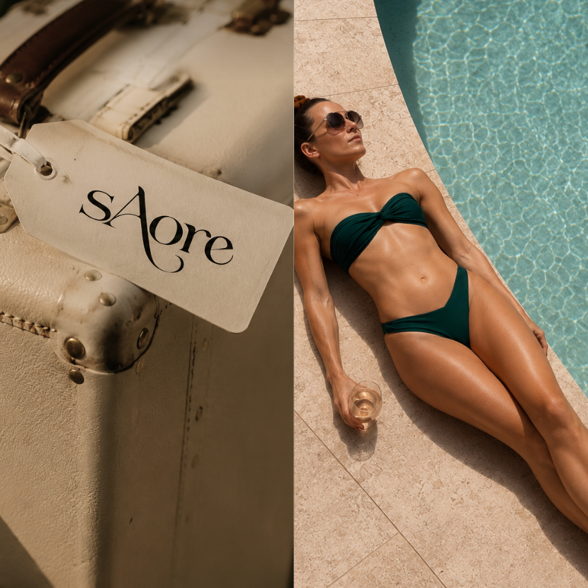 A three-panel lifestyle collage. The left panel shows a woman from behind on a balcony overlooking the ocean, wearing a flowing peach maxi dress.